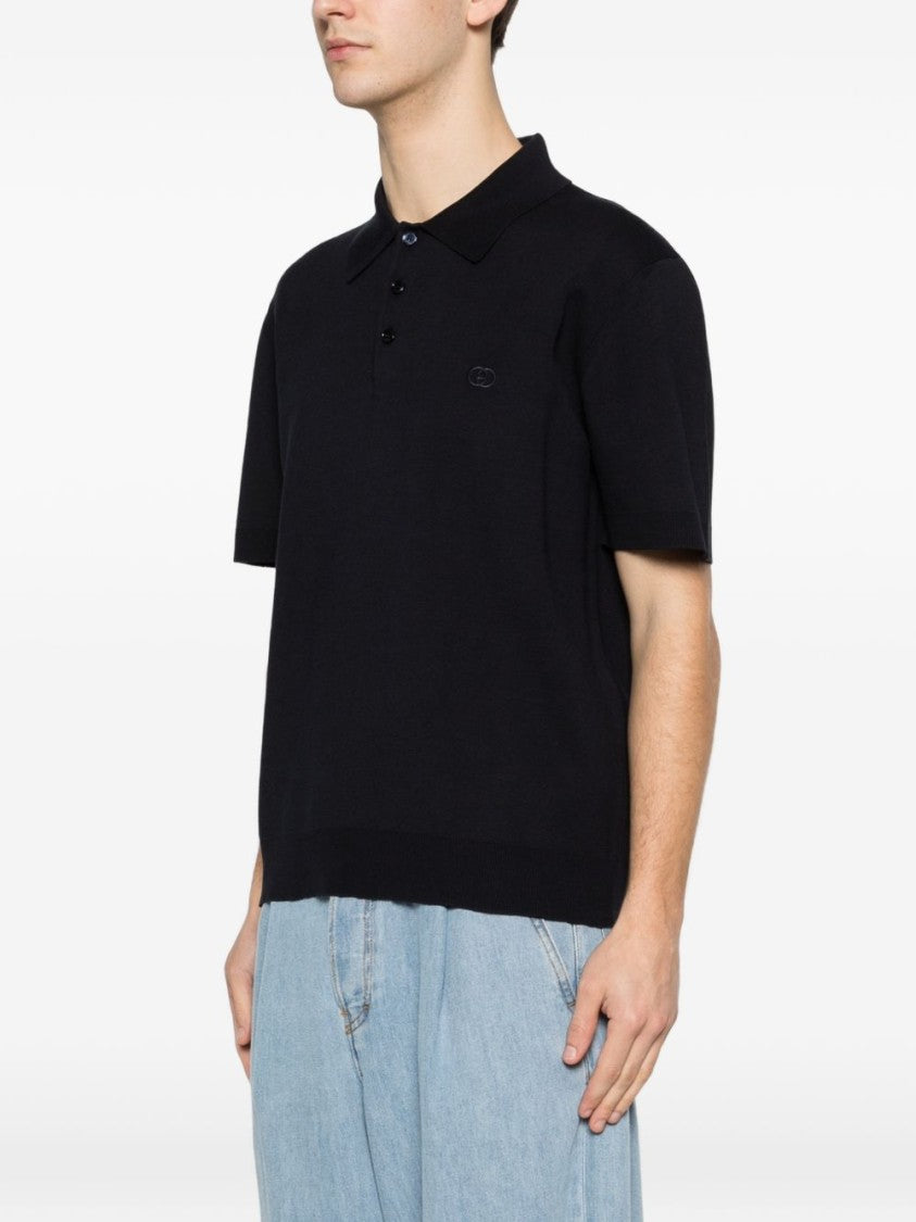 Gucci Dark Blue Silk-Cotton Interlocking G Polo Shirt