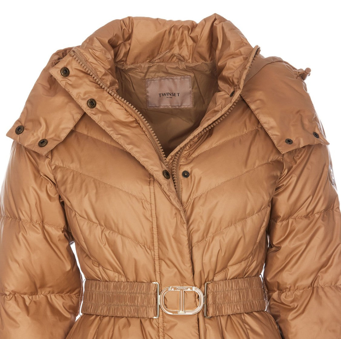 Twin-Set Mid-Length Brown Puffer Coat With Belted Waist