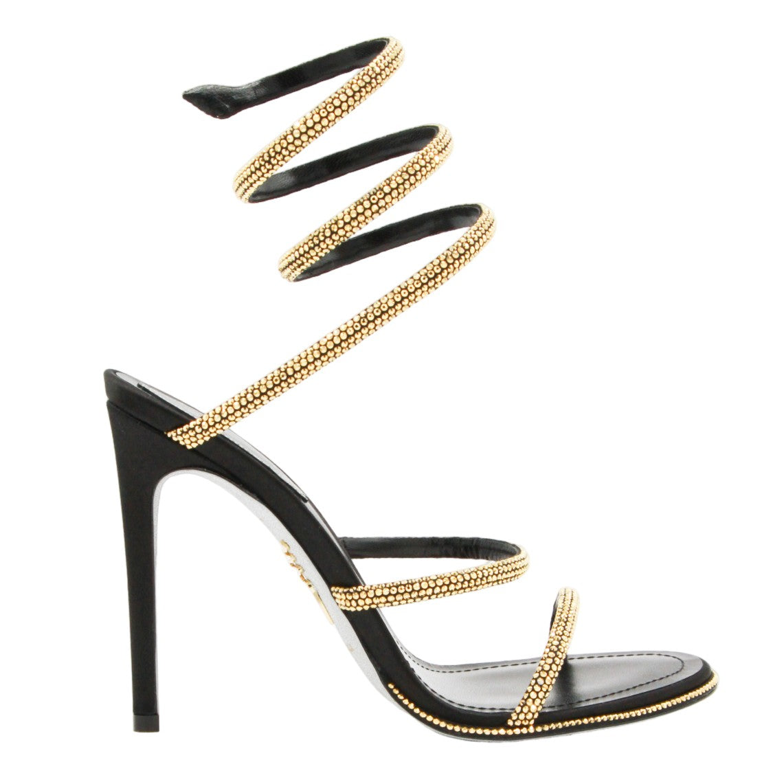 René Caovilla High-Heeled Black Sandals With Gold-Tone Studded Ankle Strap