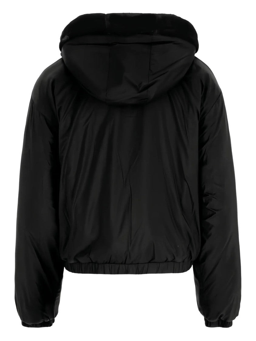 Moose Knuckles Cropped Black Faux Fur Jacket With Plush Hood And Zippered Pockets
