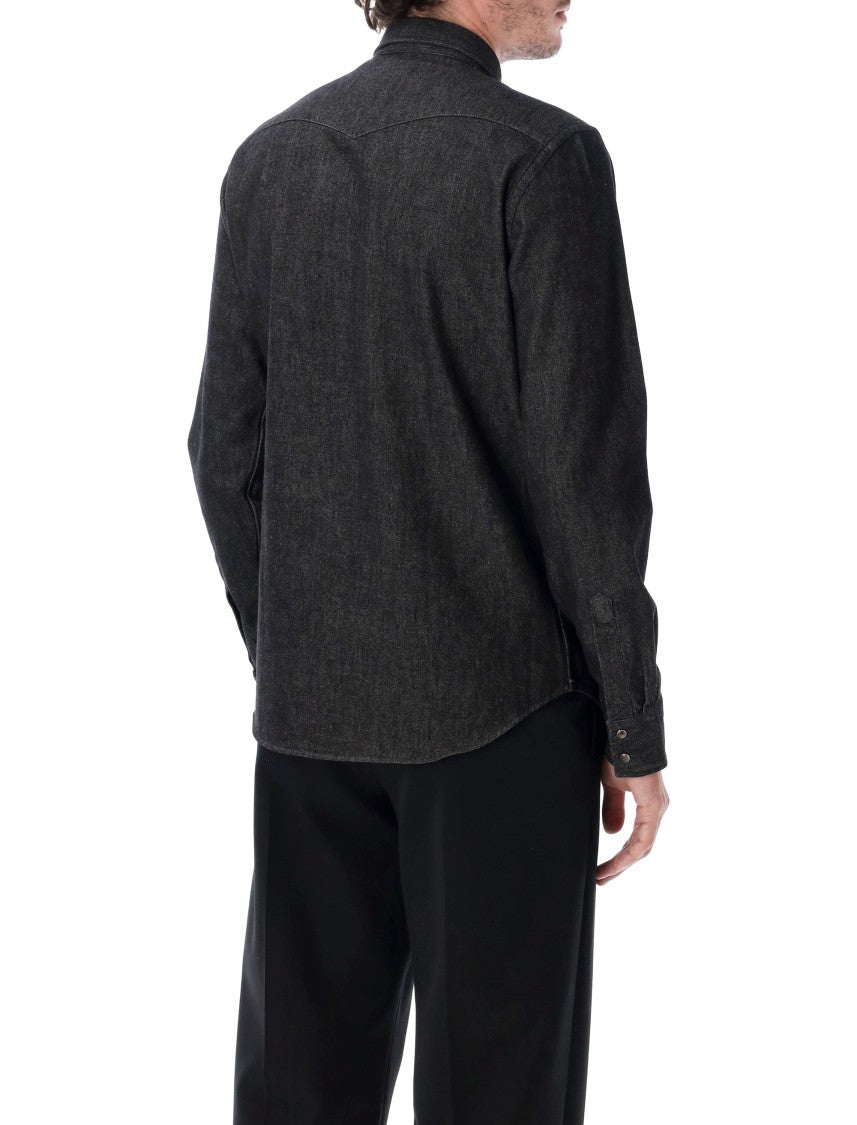 Xacus Tailor Fit Wash Black Denim Snap Western Casual Shirt