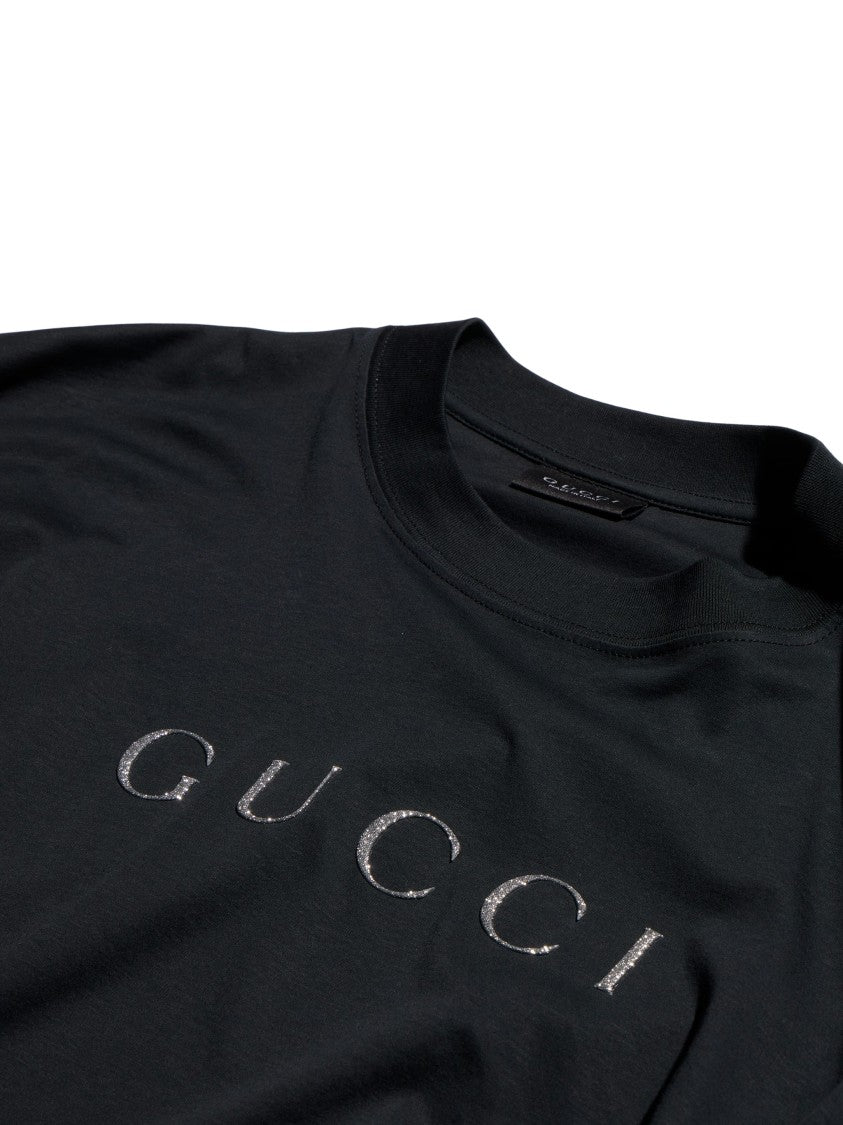 Gucci Black Glitter Logo Cotton Crewneck T-Shirt