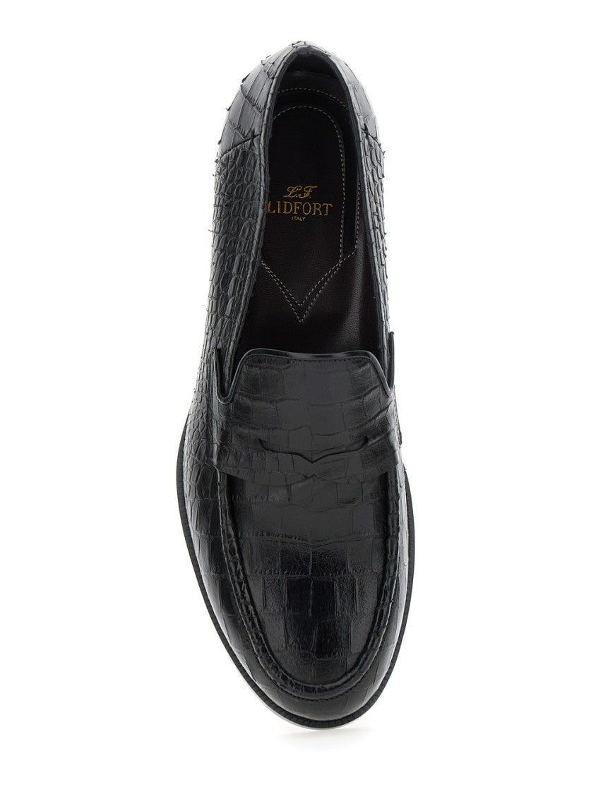 Lidfort Textured Crocodile Pattern Black Loafers