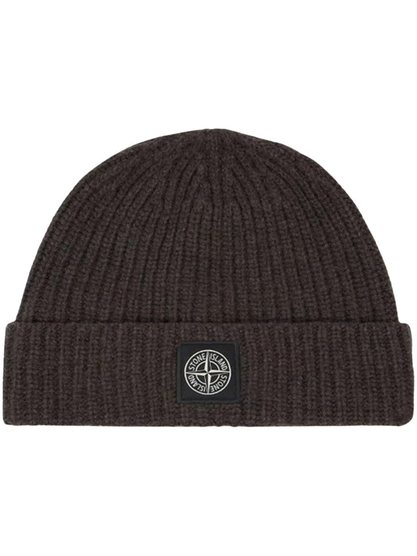 Stone Island Folded Cuff Emblem Ribbed Knit Beanie