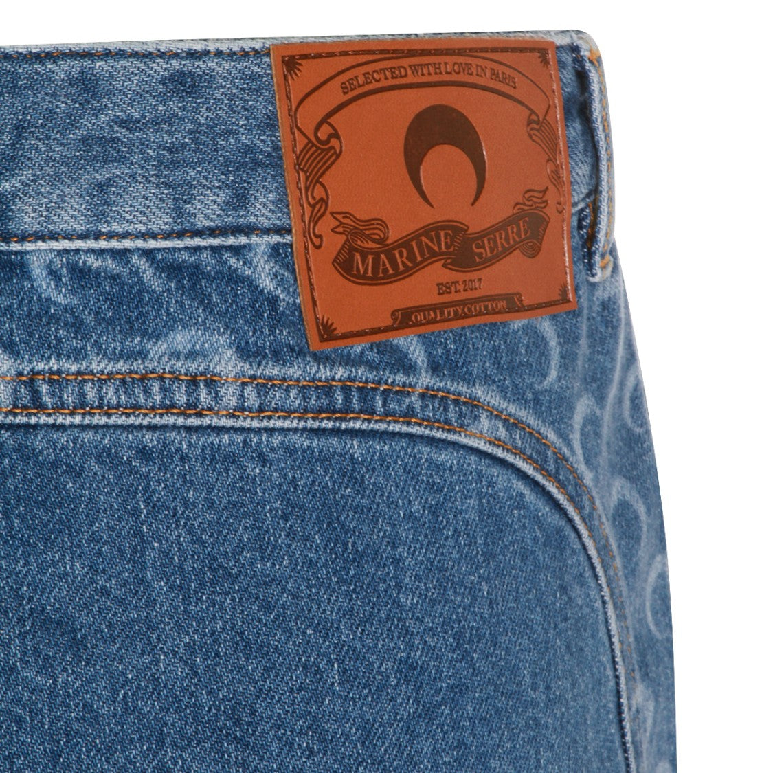 Marine Serre Denim Mini Skirt With Crescent Moon Patterns And Zip Closure