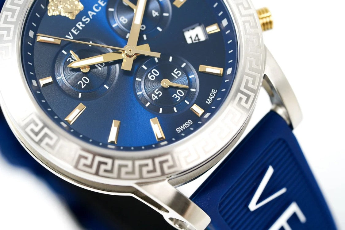 Versace Chronograph Timepiece With Blue Dial And Silicone Strap