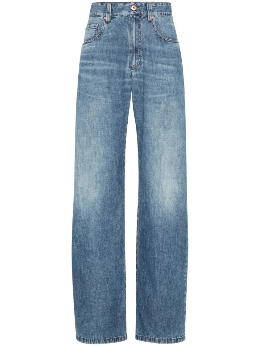 Brunello Cucinelli Wide-Leg Light Wash Denim Trousers