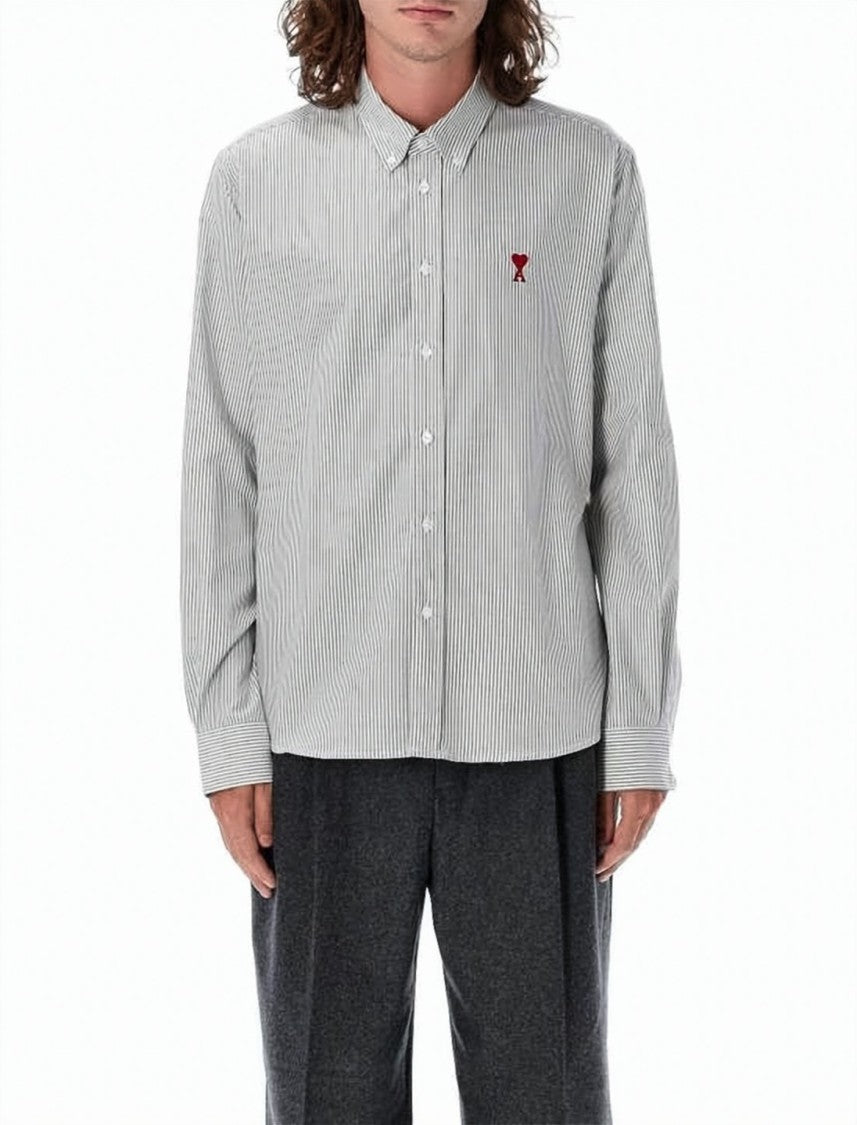 Ami Paris Vertical Striped Button-Down Shirt With Embroidered Heart Accents