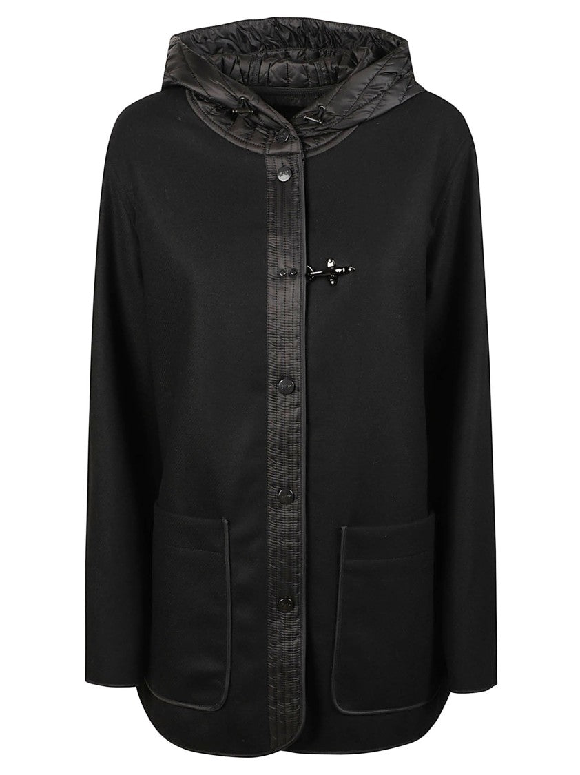 Fay Hooded Black Quilted Virgin Wool-Blend Coat