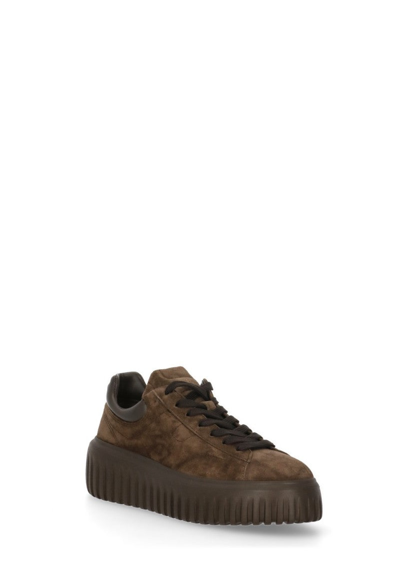 Hogan Round Toe Brown Suede Sneakers With Logo Embellishments And Elevated Sole