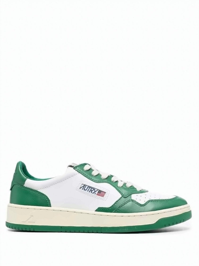 Autry Low-Top Sneakers With Green Leather Overlays And Cream Midsole