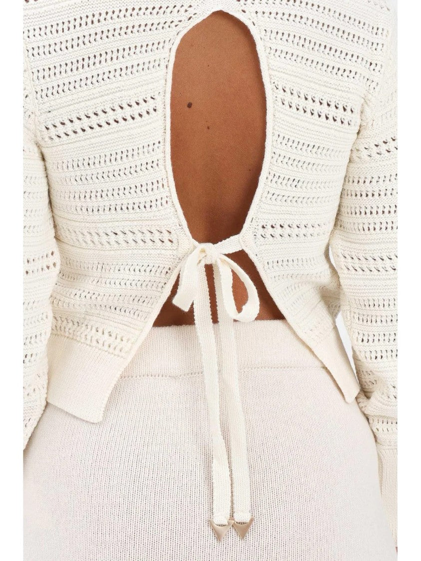 Akep Perforated Knit Crew Neck Sweater With Unique Bow Detail