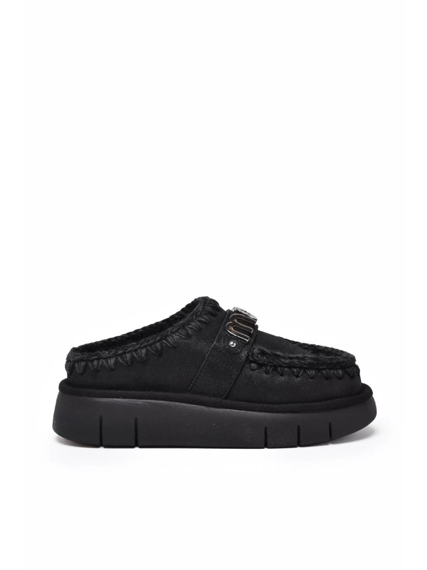 Mou Black Leather Buckle Clogs