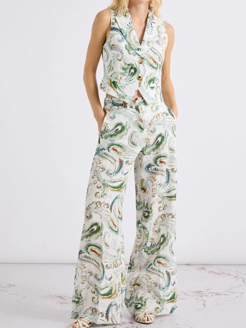 Marella Neutral Mlldomino Patterned Wide-Leg Linen Pants