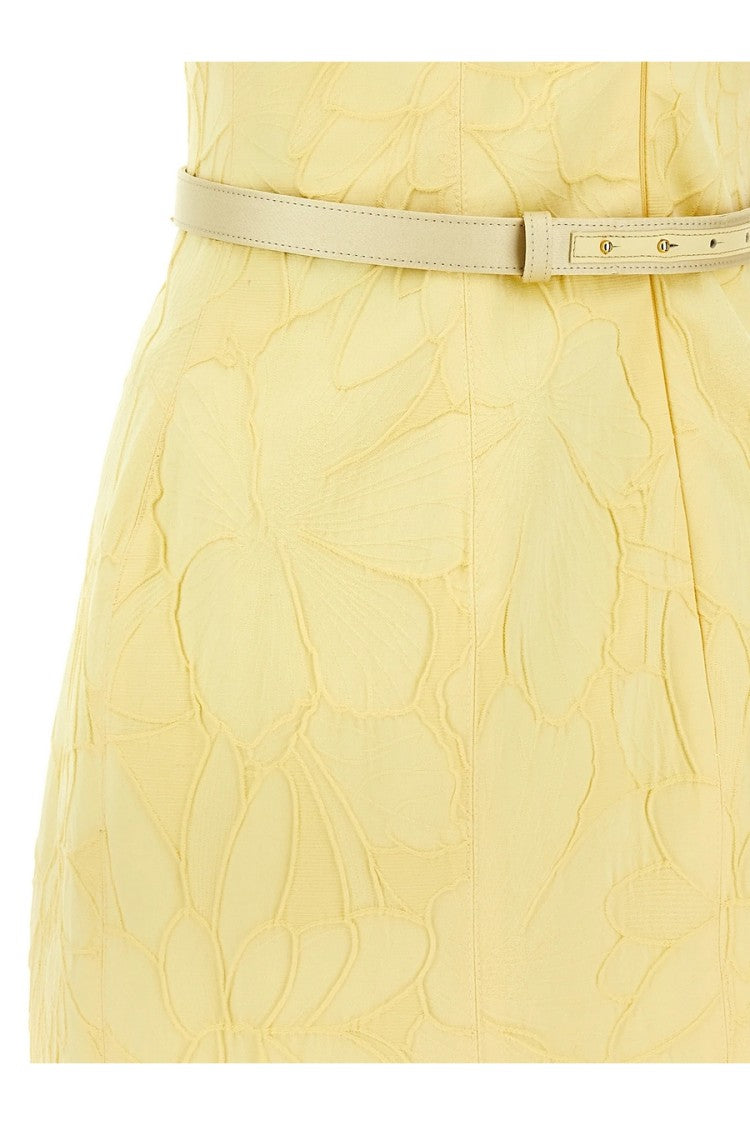Elisabetta Franchi Yellow Floral Embossing Fitted Mini Dress
