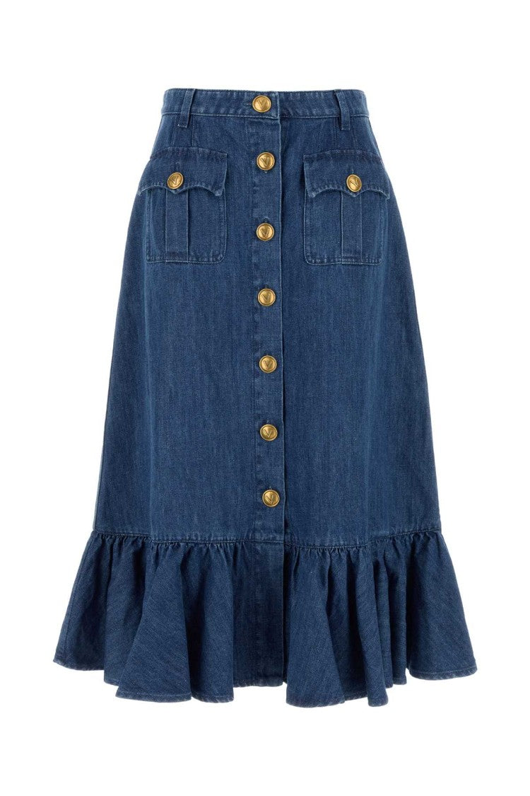 Valentino Garavani Flared Denim Skirt With Ruffled Hemline