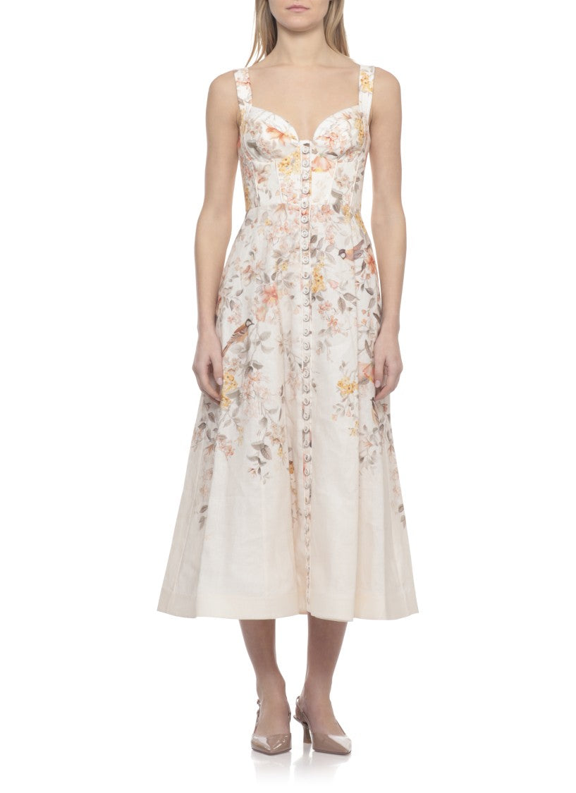 Zimmermann Ivory Floral Accent Linen Midi Dress