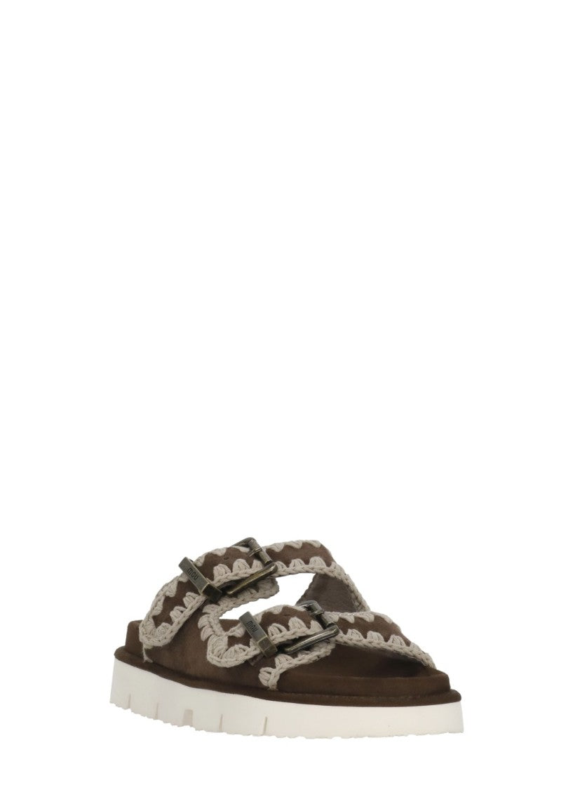 Mou Brown Front Straps Suede Sandals