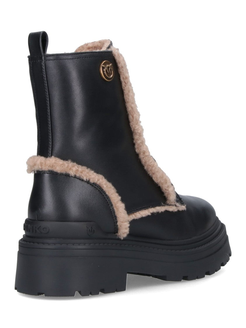 Pinko Black Leather Ankle Boots With Beige Shearling Details