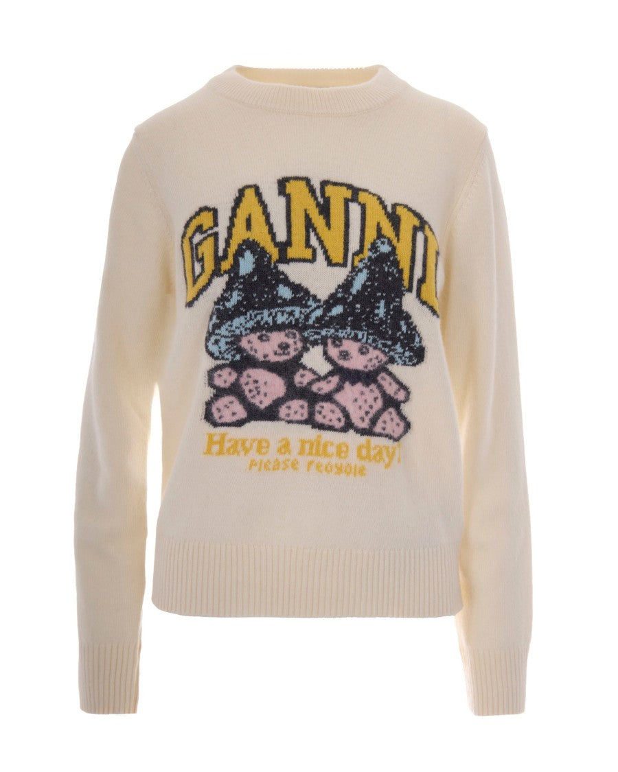 Ganni Intarsia Graphic Knit Sweater In Creamy Base