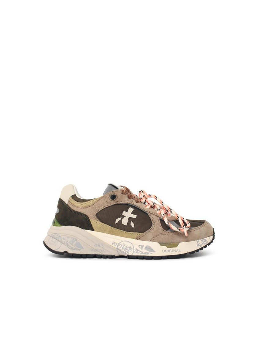 Premiata Brown And Beige Leather Blend Sneakers With Logo Embroidery