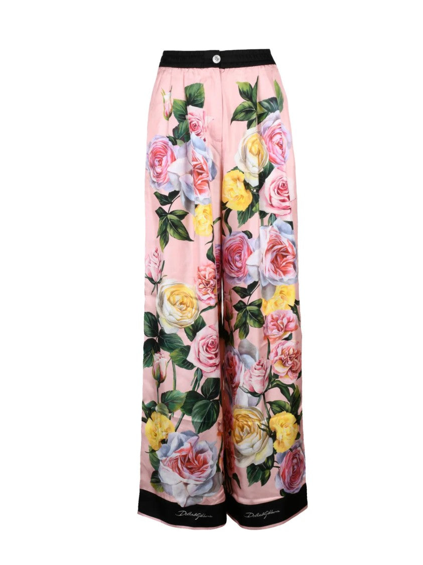 Dolce & Gabbana High-Waisted Floral Print Silk Satin Trousers