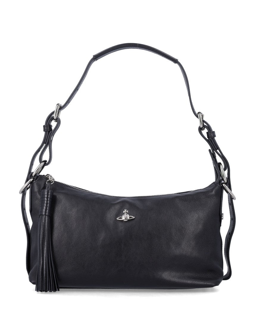 Vivienne Westwood Sculpted Black Leather Shoulder Bag With Adjustable Strap