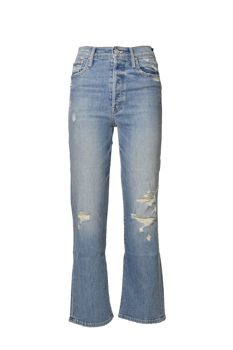 Mother Distressed Straight Leg Jeans In Blue Denim