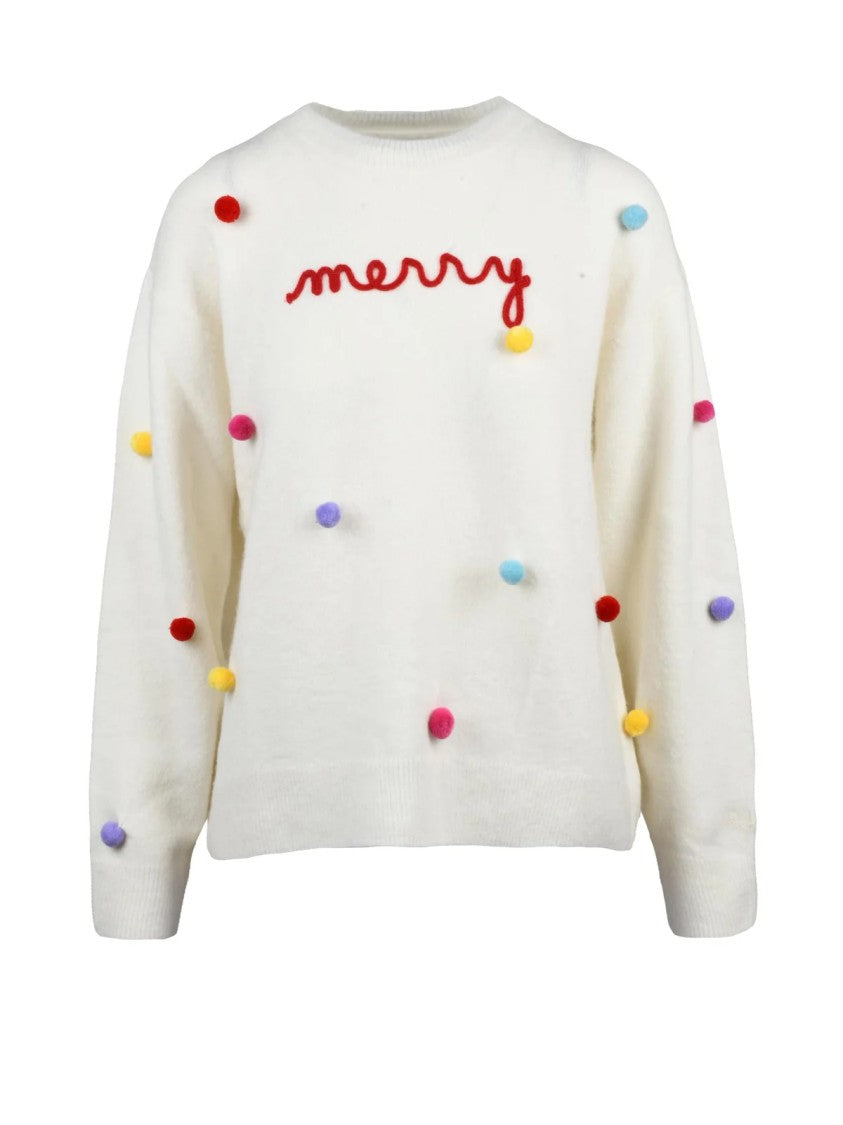 Mc2 Saint Barth Crewneck Pullover With Colorful Pom-Poms And Festive Embroidery