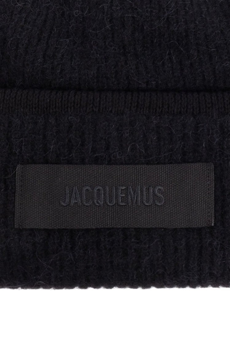 Jacquemus Ribbed Black Beanie Hat With Subtle Patch Detail