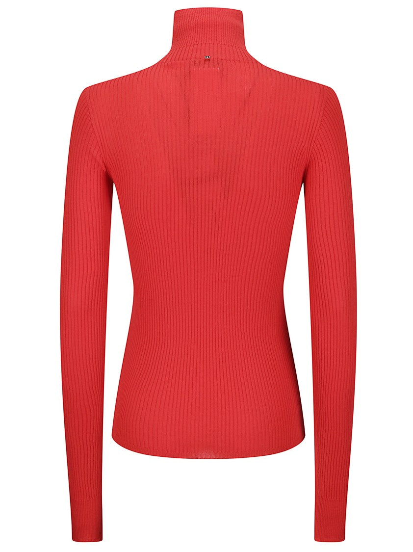 Sportmax Red Ribbed Knit Sweater With High Collar And Slim Fit
