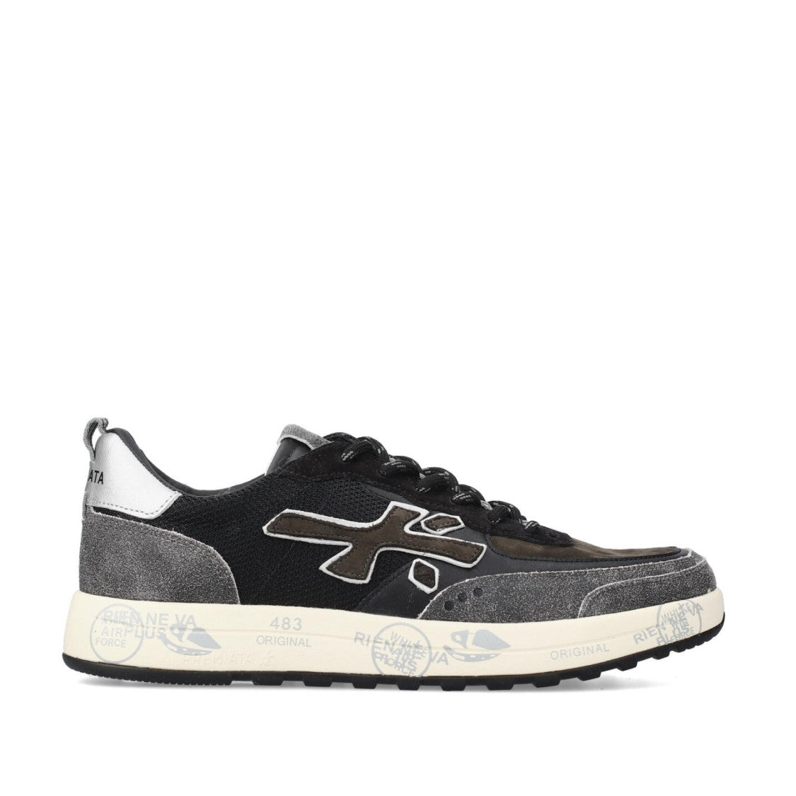 Premiata Nous Sneakers In Grey Crackle-Effect Leather, Brown Nubuck