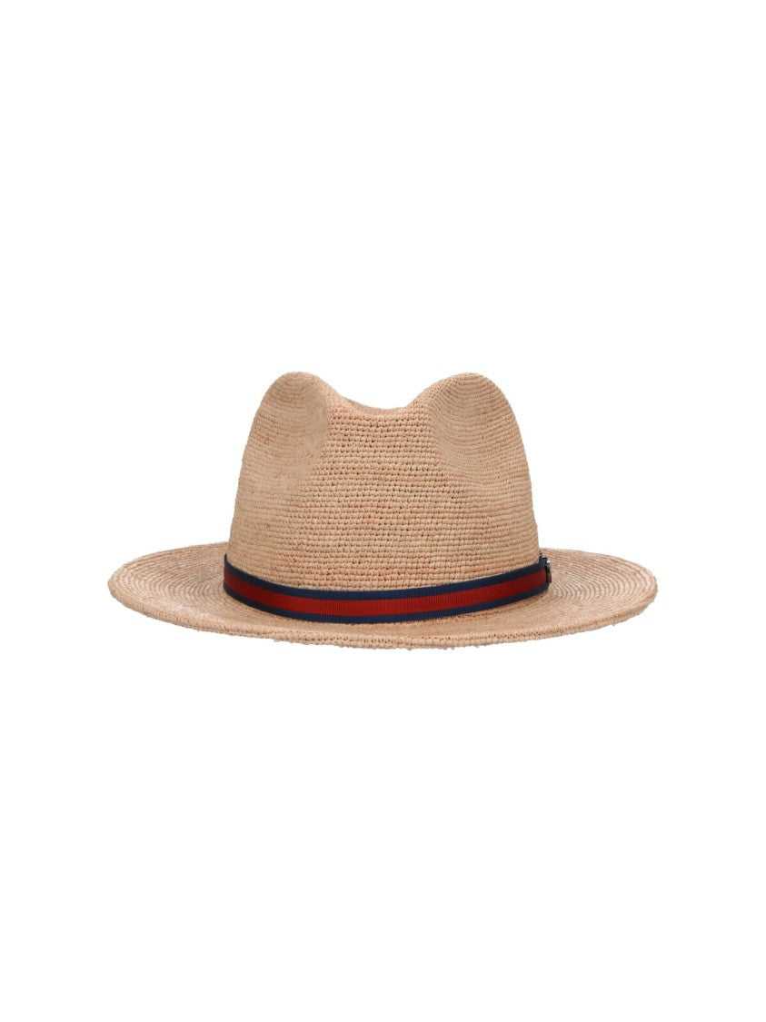 Borsalino Beige Raffia Fedora Ribbon Hat