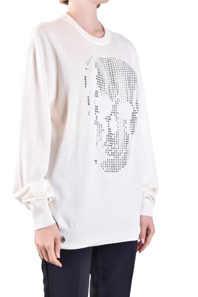 Philipp Plein Relaxed Fit White Sweater Metallic Skull