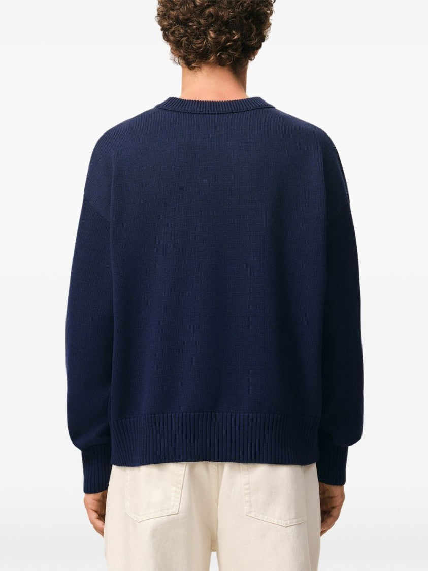 Ami Paris Ink Blue Intarsia Knit Sweater With Heart Motif