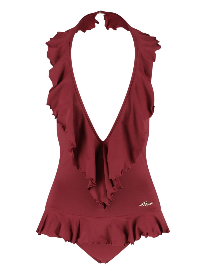 Chloé Ruffled Burgundy One-Piece Swimsuit