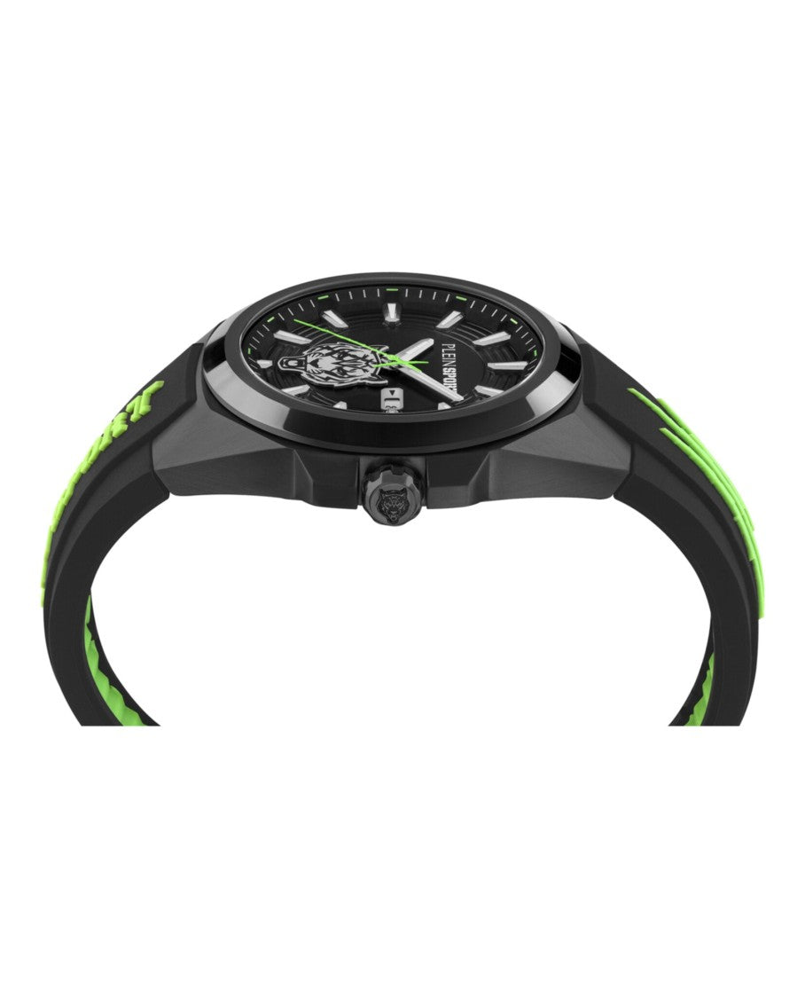 Plein Sport 47Mm Black Enamel Dial Silicone Watch With Date Function