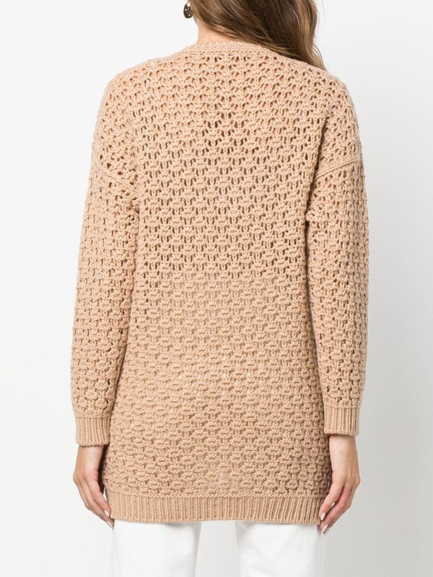 Agnona Beige Open-Knit Sweater With V-Neckline