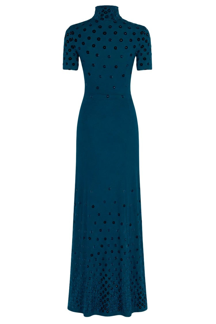 Rabanne Petrol High Neck Side Draped Viscose Dress