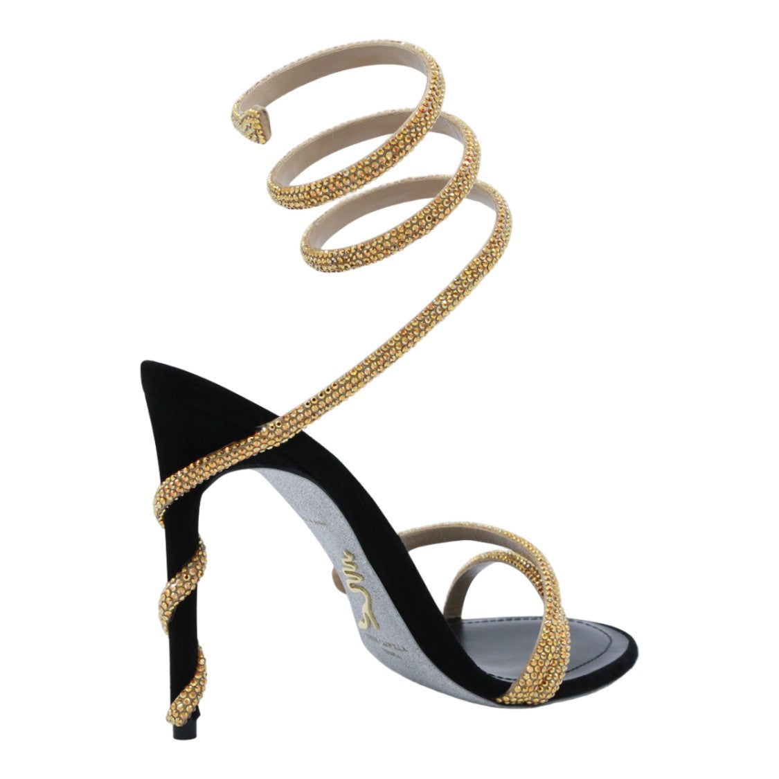 René Caovilla Golden Rhinestone Spiral Strap Sandals