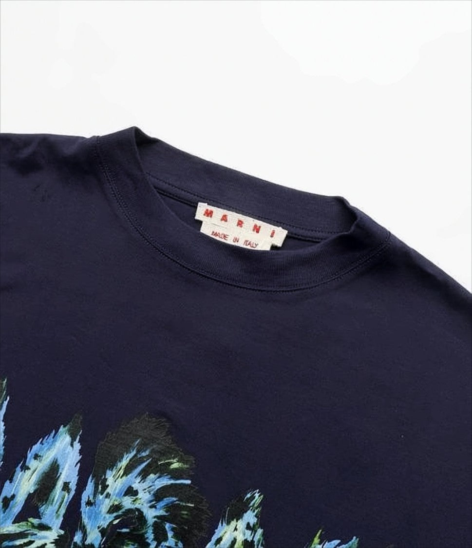 Marni Textured Graphic Logo Long-Sleeve Top In Deep Navy