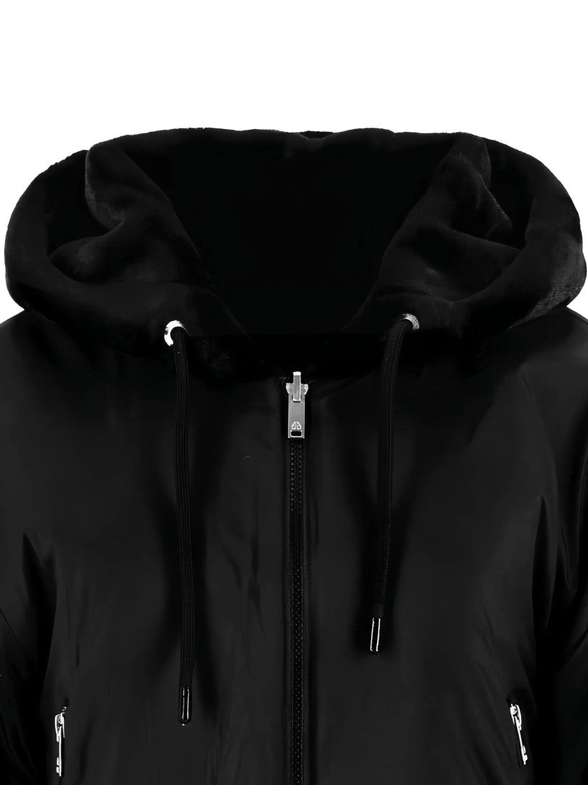 Moose Knuckles Cropped Black Faux Fur Jacket With Plush Hood And Zippered Pockets