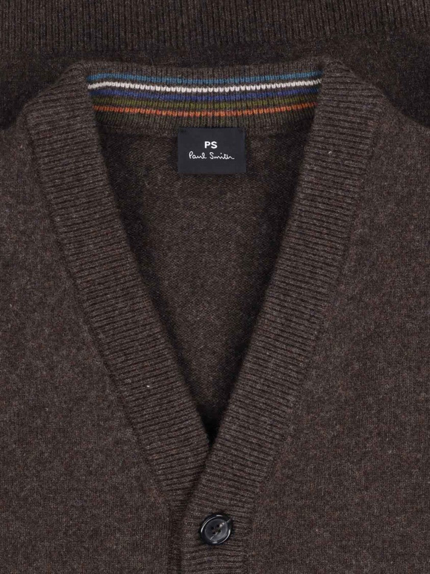 Paul Smith Brown Merino Wool V-Neck Ribbed Cardigan