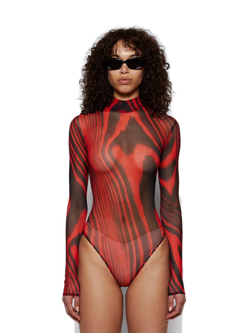 David Koma Printed Mesh Bodysuit Red And Black