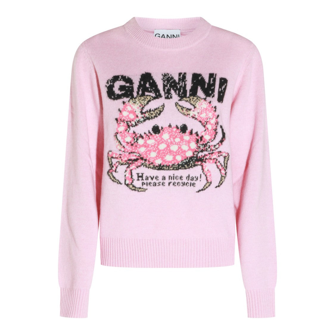 Ganni Wool Knit Sweater With Graphic Print And Ribbed Detailing