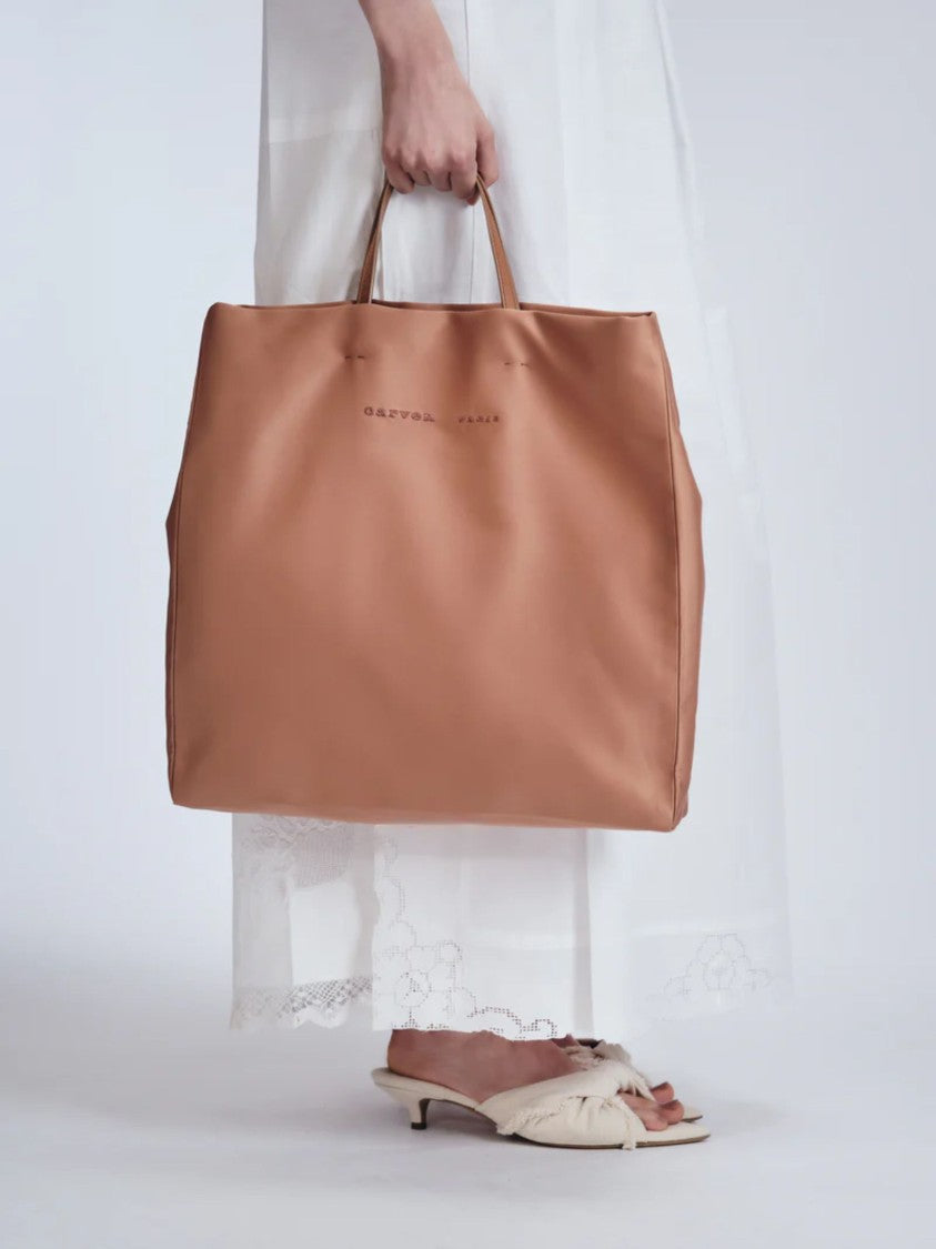 Carven Camel Matte Satin Tote Bag With Leather Handles