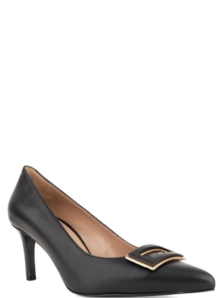 Sergio Moretti Black Square Buckle Leather Low-Heel Pumps