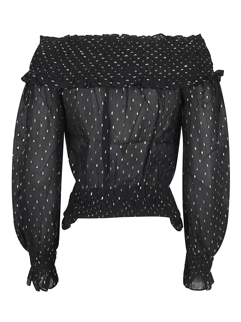 Self-Portrait Off-The-Shoulder Black Chiffon Top With Metallic Fil Coupé Details
