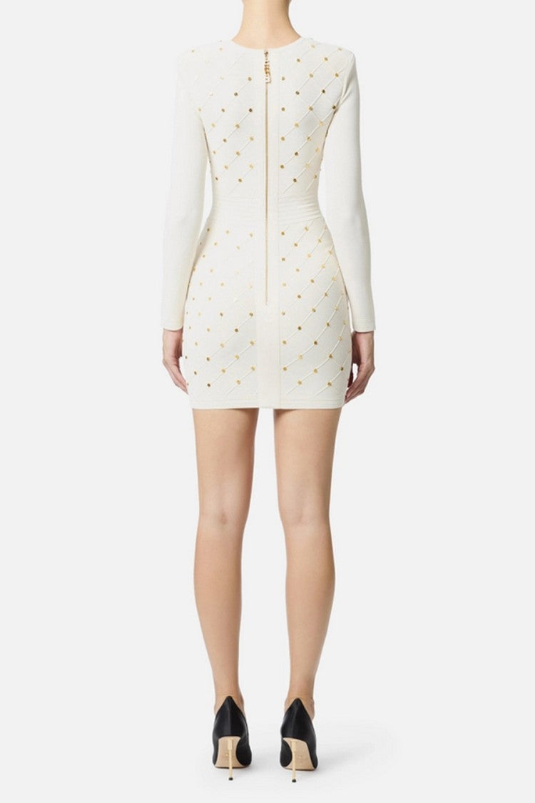 Elisabetta Franchi White Allover Gold-Stud Viscose-Blend Mini Dress