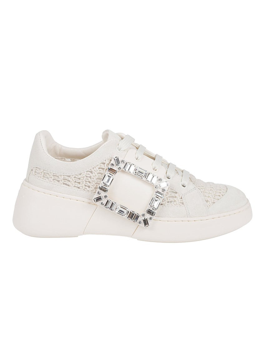 Roger Vivier Textured Knit And Leather Sneakers With Crystal-Embellished Buckle